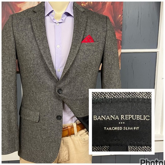 Banana Republic Tweed Blazer Jacket Mens 40R Tailored Slim Fit Wool Blend Gray